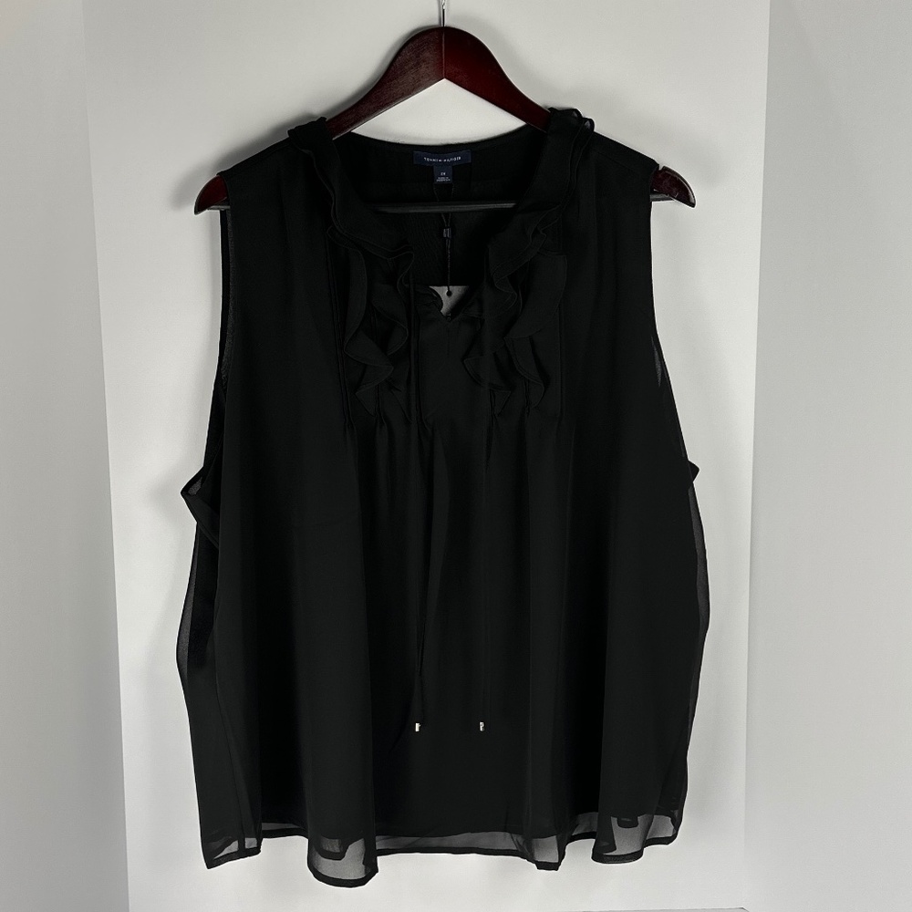 NWT Tommy Hilfiger Black Sleeveless Blouse With Ruffle Trim